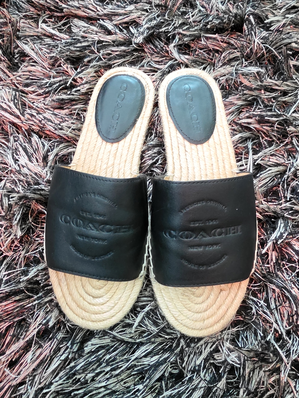 Coach Black Leather Slide Sandals with Rope Footbed - Picture 3 of 4